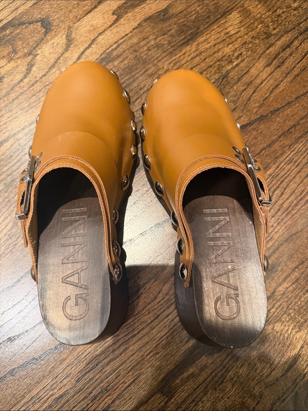 Ganni Camel Leather Studded Clogs with Buckle